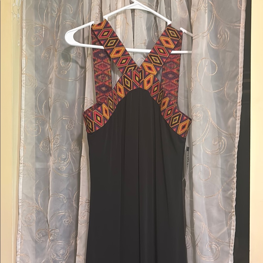 New York & Company Black Dress with Vibrant Patterned Straps